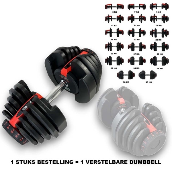 Verstelbare Dumbbell 40 KG | Aanpasbare Halter Gewichten | 17 Dumbbells in 1 | 5 t/m 40 KG Gewichtsbereik | Ruimtebesparende Halterset | Eenvoudig Gewicht Wisselen | PREMIUM Kwaliteit | Ideaal voor Home Fitness Gym / Thuis Sporten & Krachttraining