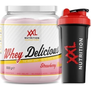 XXL Nutrition - Whey Delicious Incl. Shaker! - 80% Eiwit - Aardbei Banaan - Wei Eiwitpoeder met BCAA & Glutamine, Proteine Poeder, Eiwit shake, Whey Protein - Diverse Smaken - 1000 gram (33 shakes)