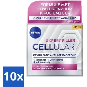 10 x NIVEA - CELLular Expert Filler Dagcrème - Anti-Veroudering Gezichtscrème - SPF 15 - Met Hyaluronzuur, Creatine & Foliumzuur - 50 ml - Huidveroudering - Stevigheid - Volume - SPF 15 - NIVEA