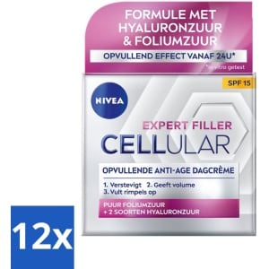 12 x NIVEA - CELLular Expert Filler Dagcrème - Anti-Veroudering Gezichtscrème - SPF 15 - Met Hyaluronzuur, Creatine & Foliumzuur - 50 ml - Anti-age Crème - Dagcrème - Hyaluronzuur - Foliumzuur - Rimpelcrème