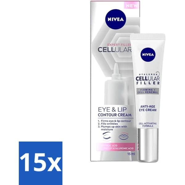 15 x NIVEA - Oogcrème - CELLular Expert Filler Anti-Veroudering - Voor ouder wordende huid - Met Hyaluronzuur & Puur Foliumzuur - 15 ml - Kraaienpootjes - Hyaluronzuur - Creatine - Puur Foliumzuur