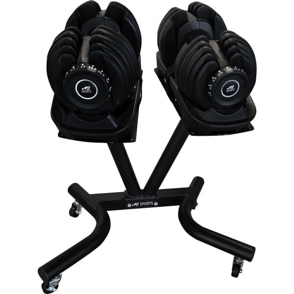 AJ-Sports Verstelbare dumbell set 2 x 24kg inclusief verrijdbare opbergstandaard - 2 t/m 24kg - Gewichten - Dumbell Set - Gewichten set - Halterset - Fitness gewichten - Krachttraining - Fitness - Zwart