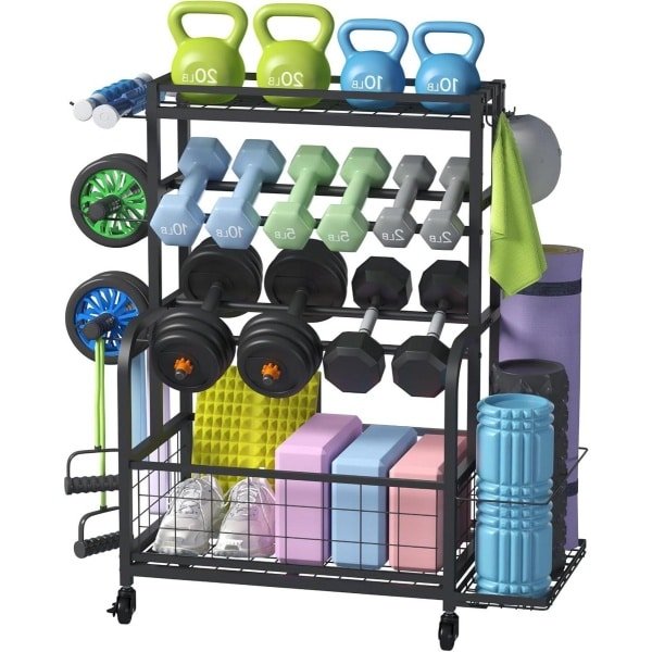 Allecto plus - Gewichtenrek met Wielen voor Thuisgym - Halterrek en Kettlebellrek - Opbergrek voor Krachttraining en Yogamat - All-in-one Fitnessruimte voor Thuis en Garage - Medium Formaat