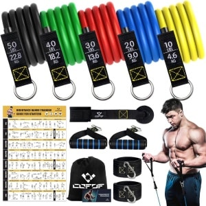 Bands weerstandsbandenset, 5 fitnessbanden, expander tube banden, fitnessband met grote handgreep, enkelriem, deurankerbevestiging, draagtas, ideaal voor pilates, krachttraining, fysiotherapie