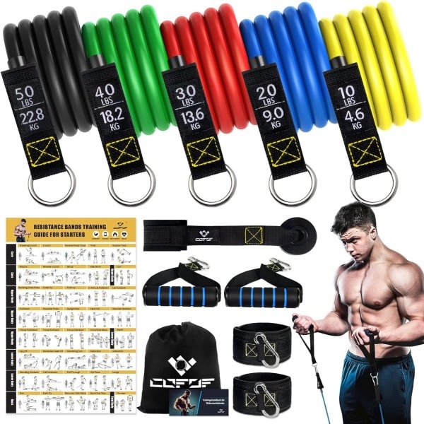 Bands weerstandsbandenset, 5 fitnessbanden, expander tube banden, fitnessband met grote handgreep, enkelriem, deurankerbevestiging, draagtas, ideaal voor pilates, krachttraining, fysiotherapie