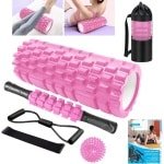 Fasciarol 6-in-1 schuimroller set met massageroller staaf - weerstandsbanden - krachttraining - massagebal - fitnessbanden - 33 cm schuimrol voor yoga pilates met poster (roze)