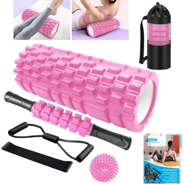 Fasciarol 6-in-1 schuimroller set met massageroller staaf - weerstandsbanden - krachttraining - massagebal - fitnessbanden - 33 cm schuimrol voor yoga pilates met poster (roze)