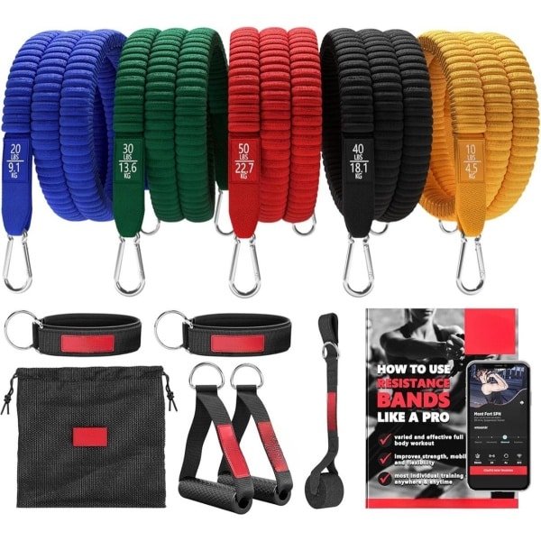 Pull-up Station Weerstandsbanden Fitness - Trainings-eBook - Expander Buizen - Elastische Work-Out Power Weerstand Banden - 5 Elastieken met Handvaten, Deuranker en Enkelbanden - Krachttraining Gym Pull-up Station