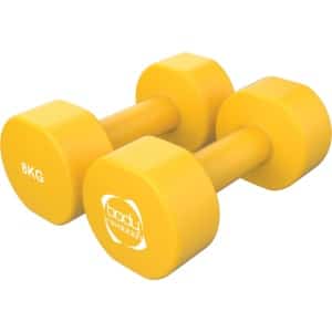 Set neopreen dumbbells 2 x 8 kg met gietijzeren kern, antislip coating en platte zeshoekige vorm. Voor krachttraining, pilates en gebruik thuis.