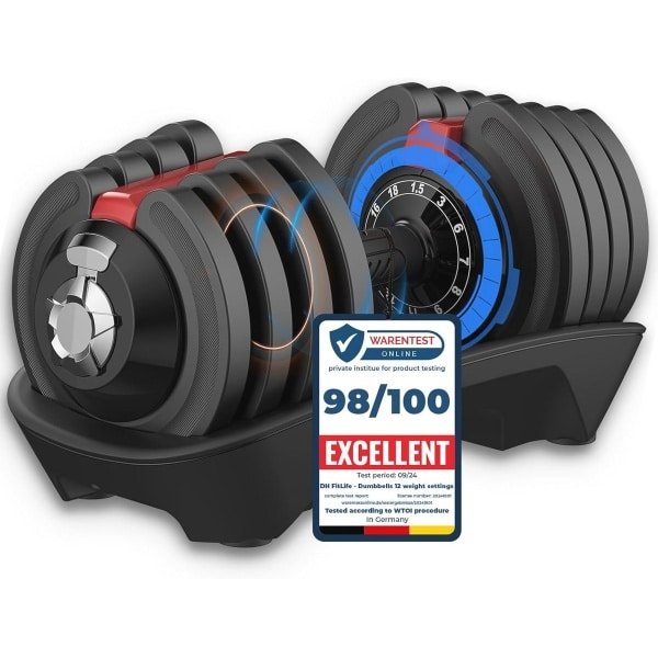 Verstelbare Halterset 1,5 - 18 kg met Opbergbasis voor Krachttraining - 12-in-1 Gewichtsopties, Ruimtebesparend & Ergonomisch