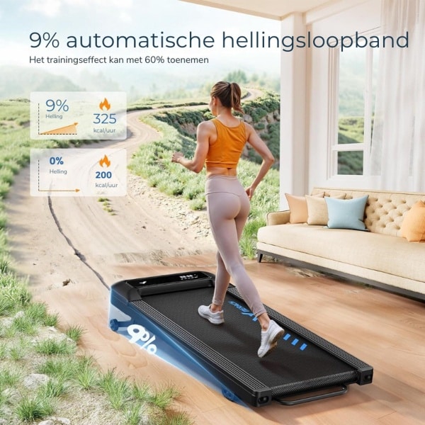 Walking Pad - Loopband Met 9% Automatische Helling - 1-6 Km/u - 2.5PK Bureau Loopband Voor Thuis En Kantoor - Stil Fitnessapparaat Tot 120 Kg - Met App En Afstandsbediening