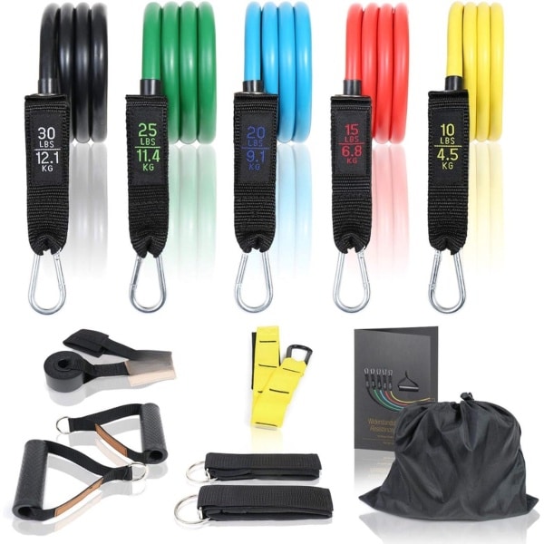 Weerstandsbanden, set met 5 weerstandsniveaus, inclusief enkelbanden, handgrepen, deuranker, expander en oefenposter voor je fitnesstraining, fitnesselastieken voor krachttraining, home workout en yoga