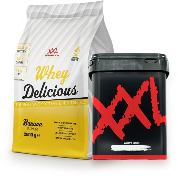XXL Nutrition - Whey Delicious Incl. Voorraadpot met 2500 gram Inhoud! - 80% Eiwit - Banaan - Wei Eiwitpoeder met BCAA & Glutamine, Proteine Poeder, Eiwit shake, Whey Protein - Diverse Smaken - 2500 gram (83 shakes)