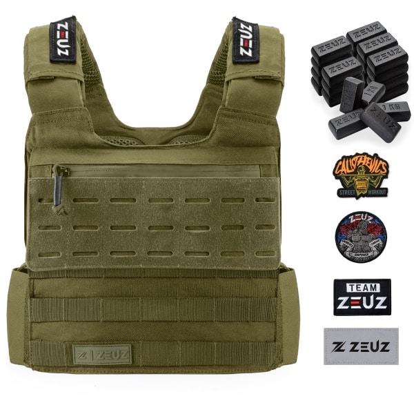 ZEUZ Gewichtsvest 25,5 KG voor Calisthenics. Fitness & CrossFit - Tactical Weighted Vest & Trainingsvest - Verstelbaar in Gewichten - 25 Standen - Groen