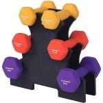dumbbells dumbbell set, hexagon, met dumbbell stand, 2 x 1 kg, 2 x 1,5 kg, 2 x 2 kg, matte afwerking, neopreen coating, krachttraining voor dames, thuis, gym SYL69BK