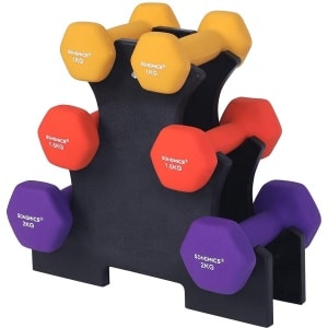 dumbbells dumbbell set, hexagon, met dumbbell stand, 2 x 1 kg, 2 x 1,5 kg, 2 x 2 kg, matte afwerking, neopreen coating, krachttraining voor dames, thuis, gym SYL69BK