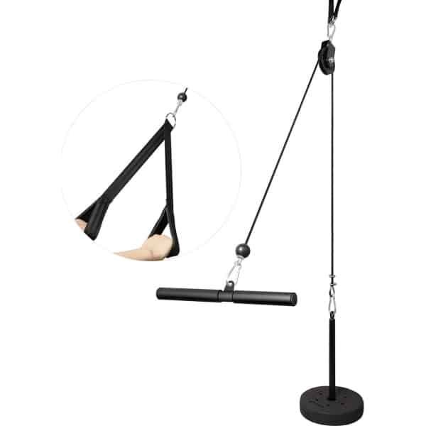 13-delige Fitness Kabel Machine - Incl. Stang, Touw & 2 Meter lang Kabel - Max 100KG - Spieren - Arm - Kracht Training - Krachttraining - Oefeningen - Lat Pulldown - Onderarm - Pols - Trainer - Tricep & Bicep - Zwart