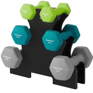 Halters, Halterset, Zeshoek, met halterstandaard, Vinyl coating, Krachttraining, ‎limoengroen en aquamarijn en lichtgrijs