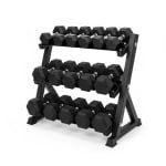 Hexa Dumbbell Set 2.5-25 KG (10 Paar) met Extra Zwaar 3-Laags Opbergrek | Rubber Gewichten & Stalen Halterrek voor Krachttraining | Homegym & PT Studio