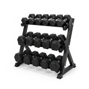 Hexa Dumbbell Set 2.5-25 KG (10 Paar) met Extra Zwaar 3-Laags Opbergrek | Rubber Gewichten & Stalen Halterrek voor Krachttraining | Homegym & PT Studio