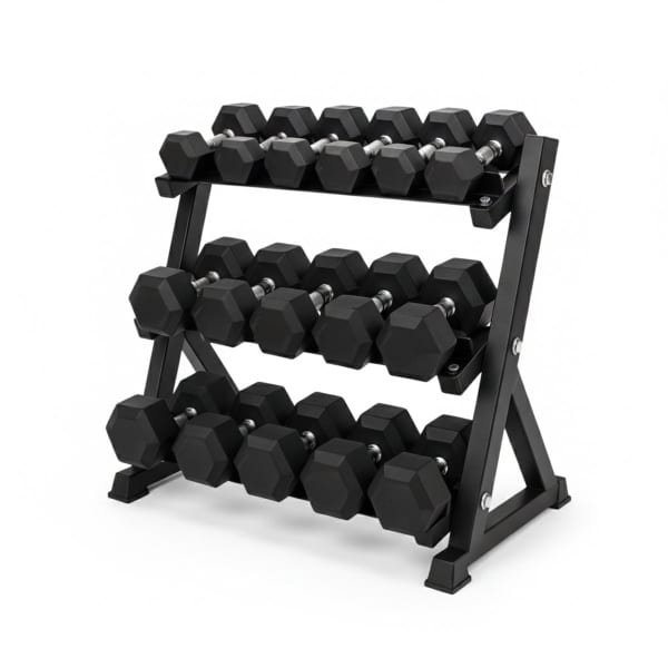 Hexa Dumbbell Set 2.5-25 KG (10 Paar) met Extra Zwaar 3-Laags Opbergrek | Rubber Gewichten & Stalen Halterrek voor Krachttraining | Homegym & PT Studio