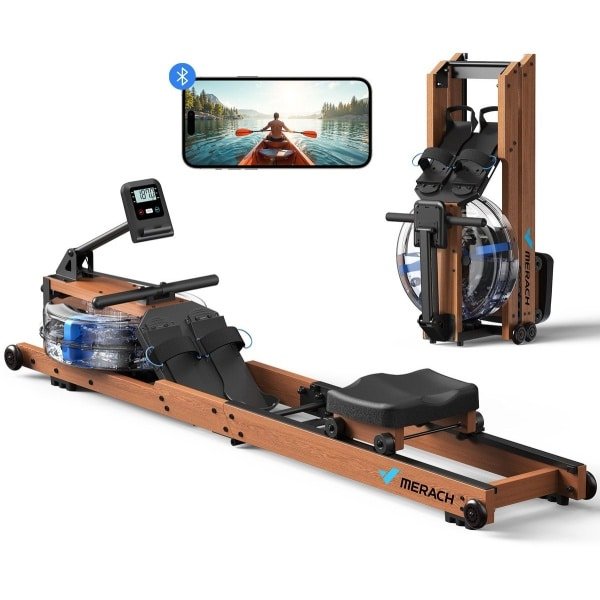 MERACH Roeimachine van massief hout - Inklapbaar waterruder roeitrainer - Houten constructie - Dual-slide-rail - Kinomap-compatibel - Exclusieve Bluetooth app - Interactieve kaarten - Tabletstandaard - Eenvoudige montage - Belastbaar tot 180 kg