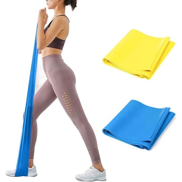 Oefenbanden - 2 stuks - 1,8 m/2 m - Weerstandsbanden - Siliconen oefenbanden - Krachttraining - Weerstand met verschillende sterktes - Geschikt voor training, fysiotherapie, stretchen, herstel, pilates, revalidatie en yoga - Geel en blauw