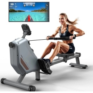 Roeimachine - Magnetische Roeitrainer - Roeiapparaat - Opvouwbare - met 16 Weerstandsniveaus - Bluetooth Connectie - LCD Display - 300N Weerstand - Max 150kg - Ergonomisch Ontwerp - Stil en Compact - Grijs