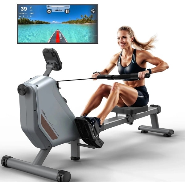 Roeimachine - Magnetische Roeitrainer - Roeiapparaat - Opvouwbare - met 16 Weerstandsniveaus - Bluetooth Connectie - LCD Display - 300N Weerstand - Max 150kg - Ergonomisch Ontwerp - Stil en Compact - Grijs