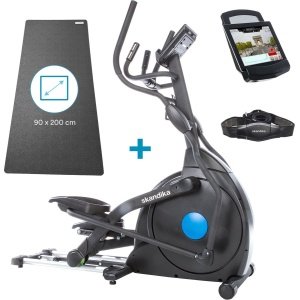 Skandika CardioCross Carbon Champ Elliptische Crosstrainer met beschermingsmat - Crosstrainers - Cardio trainer met 24,5kg vliegwielmassa en magnetisch remsysteem - Multifunctionele computer, Bluetooth, tablethouder, Kinomap - Tot 150kg - zwart