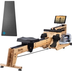 Skandika Styrke Roeitrainer SET - Roeitrainers - Roeiapparaat (211 x 54 x 47cm) + Mat (65 x 230cm) - Echt essenhouten waterroeier, regelbare waterweerstand, waterroeiapparaat thuis, gebruiker tot 200 cm/180 kg - Made in Germany - klassiek hout/zwart