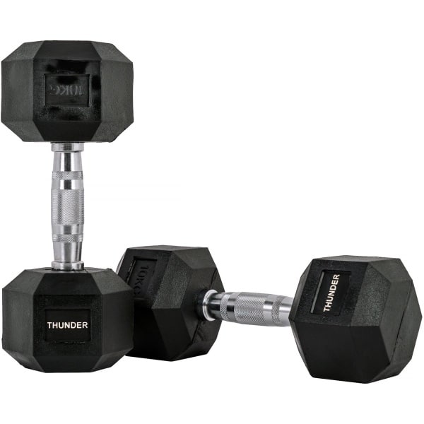 THUNDER® | HEXAGONAL-DUMBBELLS-10KG | Zwarte Rubberen Halter | Stalen Kern | Voor Krachttraining & Fitness | Antislip | Duurzaam & Professioneel | Per Stuk - Stevige Grip