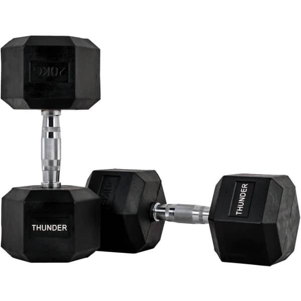 THUNDER® | HEXAGONAL-DUMBBELLS-20KG | Zwarte Rubberen Halter | Stalen Kern | Voor Krachttraining & Fitness | Antislip | Duurzaam & Professioneel | Per Stuk - Stevige Grip