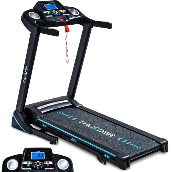 THUNDER® Loopband | ICON-BLACK | Opvouwbaar en Geavanceerd | Sneltoetsen | Veiligheidssleutel | Transportwielen | Plaats voor bidon | Compatibel met mobiele apparaten | Bluetooth | USB-poort | Trainingsprogramma's | Hellingshoek ve |