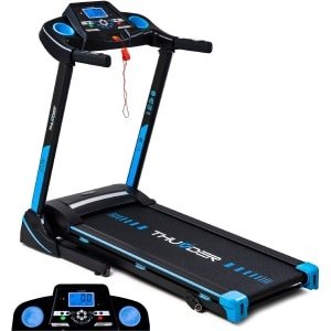 THUNDER® Loopband | ICON-BLUE | Opvouwbaar en Geavanceerd | Sneltoetsen | Veiligheidssleutel | Transportwielen | Plaats voor bidon | Compatibel met mobiele apparaten | Bluetooth | USB-poort | Trainingsprogramma's | Hellingshoek ve |