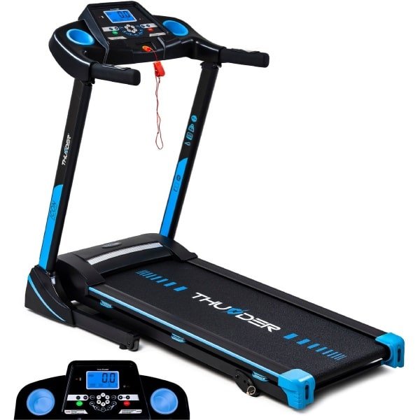 THUNDER® Loopband | ICON-BLUE | Opvouwbaar en Geavanceerd | Sneltoetsen | Veiligheidssleutel | Transportwielen | Plaats voor bidon | Compatibel met mobiele apparaten | Bluetooth | USB-poort | Trainingsprogramma's | Hellingshoek ve |