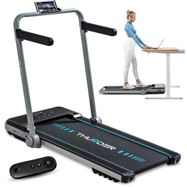 THUNDER® Loopband | IMPACT-SILVER | Opvouwbaar en Krachtig | Sneltoetsen | Veiligheidssleutel | Transportwielen | Plaats voor telefoon/tablet | Compatibel met mobiele apparaten | Bluetooth-app | Afstandsbediening | Luidsprekers | Max. 130 kg |