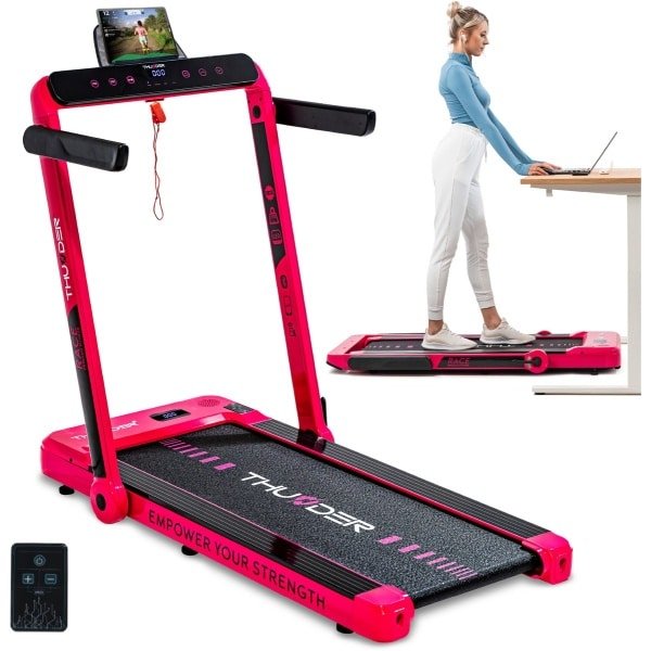 THUNDER® Loopband | RACE-PINK | Opvouwbaar & Krachtig | Sneltoetsen | Veiligheidssleutel | Transportwielen | Bluetooth App | Afstandsbediening | Luidsprekers | Max. 130 kg |