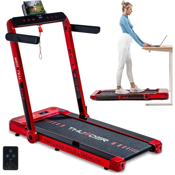 THUNDER® Loopband | RACE-RED | Opvouwbaar & Krachtig | Sneltoetsen | Veiligheidssleutel | Transportwielen | Bluetooth App | Afstandsbediening | Luidsprekers | Max. 130 kg |