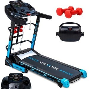 THUNDER® Loopband | REACT-DS-BLACK | Met Massagefunctie | Opvouwbaar en Geavanceerd | Sneltoetsen | Veiligheidssleutel | Transportwielen | Plaats voor bidon | Bluetooth | USB-poort | Trainingsprogramma's | Hellingshoek |