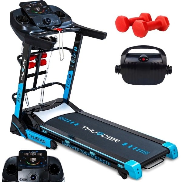 THUNDER® Loopband | REACT-DS-BLACK | Met Massagefunctie | Opvouwbaar en Geavanceerd | Sneltoetsen | Veiligheidssleutel | Transportwielen | Plaats voor bidon | Bluetooth | USB-poort | Trainingsprogramma's | Hellingshoek |