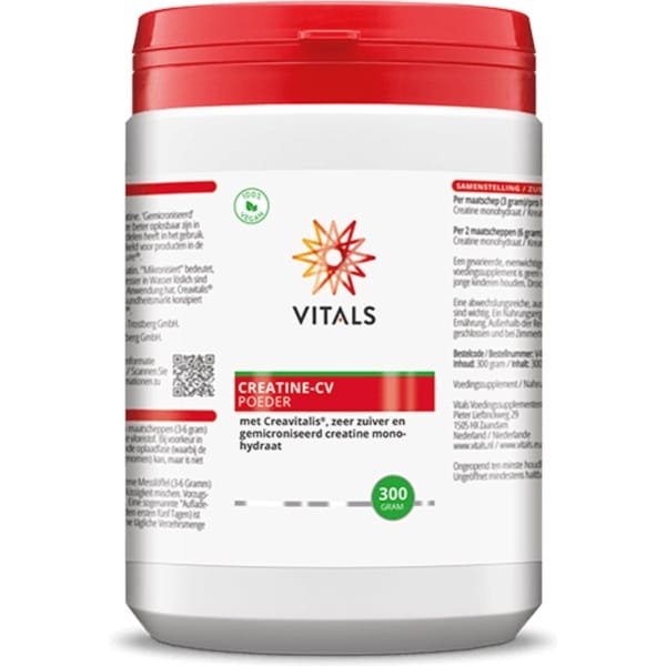 Vitals Creatine-CV - 300 gram poeder. Met Creavitalis®, zeer zuiver en gemicroniseerd creatine monohydraat. NZVT-keurmerk: geschikt voor topsporters, getest op doping.