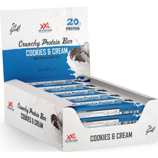 XXL Nutrition - Crunchy Protein Bar - 21 gram Eiwit - Eiwitreep, Proteine Repen, Fitness Snack - Diverse Smaken - 12 Pack - Cookies & Cream