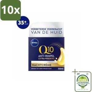 10 x NIVEA - Nachtcrème - Q10 Extra Voedend - Voor droge huid - Anti-Rimpel - Met Creatine - 50 ml - Grootverpakking - NIVEA Q10 - Nachtcrème - Droge Huid - Anti-rimpelcrème - Hydratatie