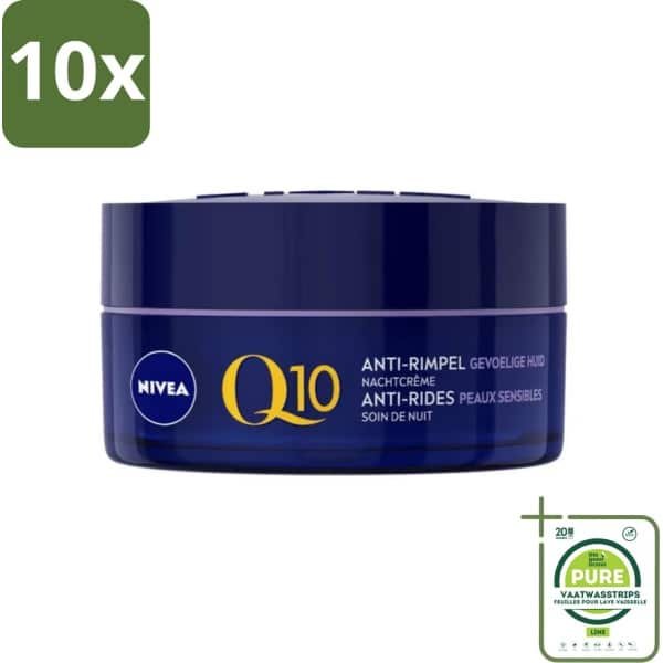 10 x NIVEA - Nachtcrème - Q10 POWER Anti-Rimpel Gevoelig - Voor gevoelige huid - Met Q10, Creatine & Zoethoutextract - 50 ml - Grootverpakking - Nivea Q10 - Anti-rimpel Crème - Gevoelige Huid - Nachtcrème - Rimpelvermindering