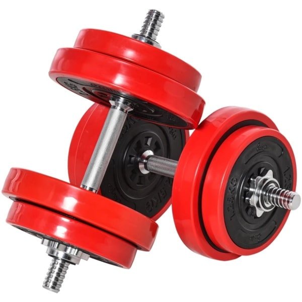 2-in-1 Halterset - Verstelbaar Halter & Halterstang - Dumbbell 20/30 KG - 4 x 2,5 kg, 4 x 1,25 kg Schijven - 2 Korte Stokken, 1 Lange Stok - Thuisgym Oplossing - Krachttraining - Rood/Zwart