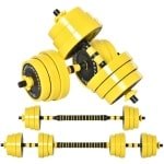 2-in-1 Halterset - Verstelbaar Halter & Halterstang - Dumbbell 25 KG - 4 x 2,5 kg, 4 x 2 kg, 4 x 1,5 kg Schijven - 2 Korte Stokken, 1 Lange Stok - Thuisgym Oplossing - Krachttraining - Geel/Zwart