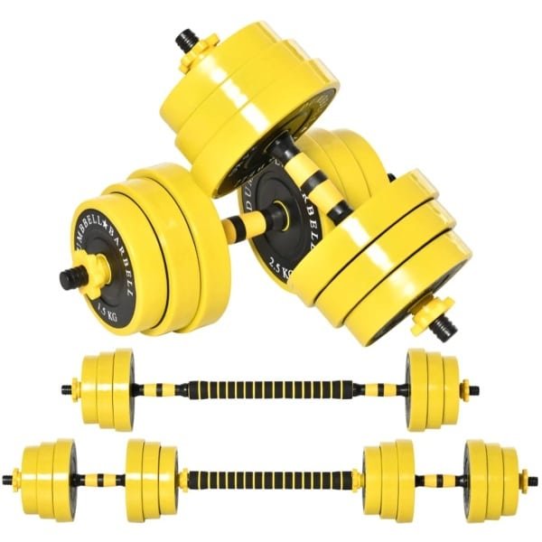 2-in-1 Halterset - Verstelbaar Halter & Halterstang - Dumbbell 25 KG - 4 x 2,5 kg, 4 x 2 kg, 4 x 1,5 kg Schijven - 2 Korte Stokken, 1 Lange Stok - Thuisgym Oplossing - Krachttraining - Geel/Zwart