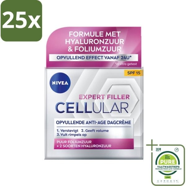 25 x NIVEA - CELLular Expert Filler Dagcrème - Anti-Veroudering Gezichtscrème - SPF 15 - Met Hyaluronzuur, Creatine & Foliumzuur - 50 ml - Grootverpakking - Anti-age Crème - Dagcrème - Hyaluronzuur - Foliumzuur - Rimpelcrème