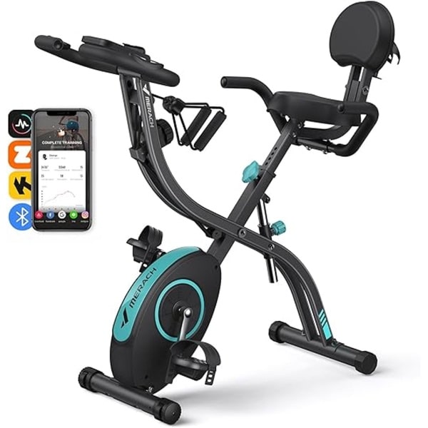 4-in-1 Inklapbare Hometrainer met LCD & Hartslag - Magnetische Ergometer (16 Niveaus) - Rechtop & Ligstand - Arm/Rug Tractie - Comfortzadel - App-koppeling - Fitnessfiets voor Thuis